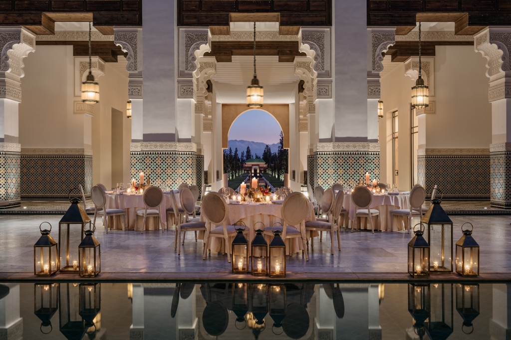 A dining area inside the Oberoi Marrakech in Morocco.